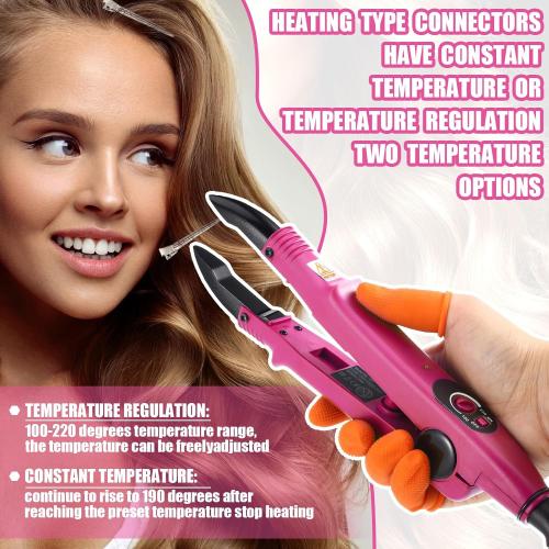 Keratin Hair Extension Kit: Heat Iron, Keratin Glue Granules, Protector Templates, Hair Clips, and Finger Protector(Pink)