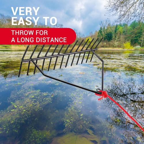 32 Aquatic Weed Rake, No Assembly Required, 8.6 Steel Rod Lake Weed Cutter, One-Piece Welding, Lake Weed Rake for Pond Beach Landscaping, Perfect Tie Hole, 30ft Thicker Rope and Net, Black.