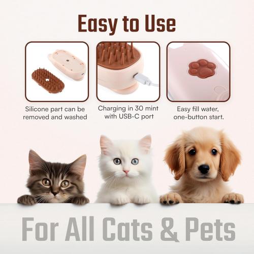 Cat Steam Brush - 2024 New Rechargeable 3-in-1 Hair Comb Self-Cleaning Pet Grooming Tool for Long and Short Hair Cats and Dogs, with Steamy Massage Shedding Relief, Beige