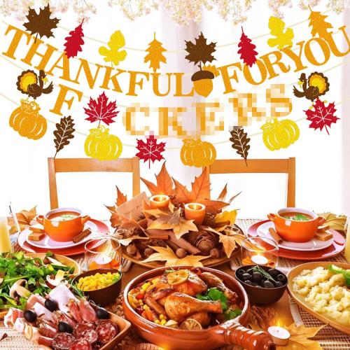 Pre-Strung Friendsgiving Banner - Thankful For You F Banner with Gold Glitter for Friendsgiving Party Decorations No DIY