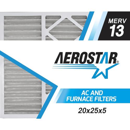 White 2Pack 20x25x5 Aerostar MERV 13 - 2 Count - Pleated HVAC, Furnace & Air Conditioner Filters - Removes Bacteria, Dust, Cold & Flu Germs, Lint, Mold, Pet Dander, Allergy-Causing Pollen, Smog, Smoke & Viruses