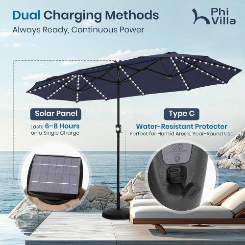 PHI VILLA 13ft Patio Umbrella w/ 120 PCS Color Changing Solar Lights, Navy | Outdoor Triple-Head Large Rectangle/Rectangular Solar-powered Market Table Umbrellas, w/ Crank Lift, for Poolside(No base)
