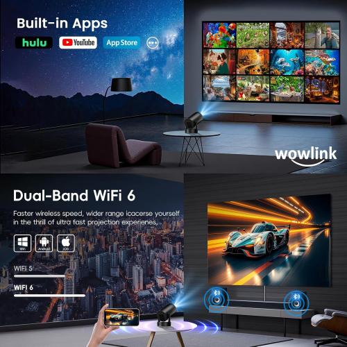 [Built-in Apps & 2026 Upgraded] Mini Projector with WiFi 6 and Bluetooth 5.4 Support 4K 1080P Auto Keystone 180° Rotatable Projector Portable Compatibile with HDMI/TV Stick/Memory Stick/Laptop