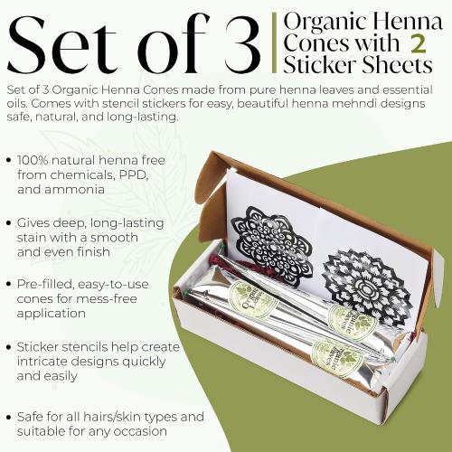 Henna Cones 3 × 30 g Pack | Made from 100% Natural Henna Leaves | Ready-to-Use, Pre-Filled Cones | 5-Stage Filtered for Rich, Long-Lasting Color | Chemical-Free & Premium Quality