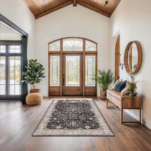 Black Boho Living Room Rug 5x7, Washable Dark Vintage Moody Low Pile Non Slip Carpet for Bedroom, Dinning Room, Office, Farmhouse, Retro Area Rug Indoor Decor (5x7 Black/Multi)