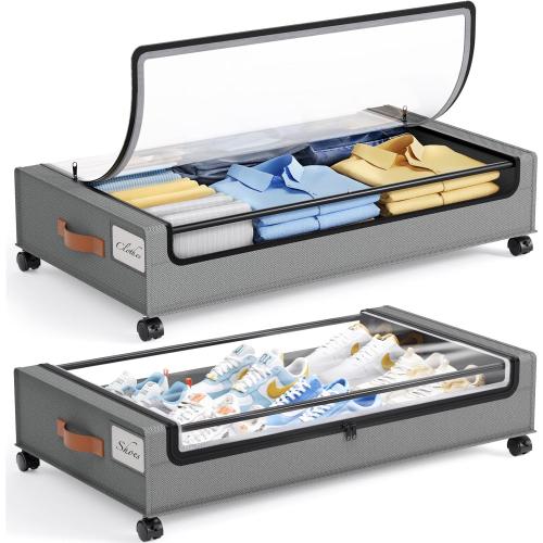 Yecaye Under Bed Storage with Wheels, 2 Pack Under Bed Storage Containers, Large Under Bed Rolling Storage with Clear Window & Label, Bedroom Storage Organizer for Clothes, Shoes, Books, Blankets