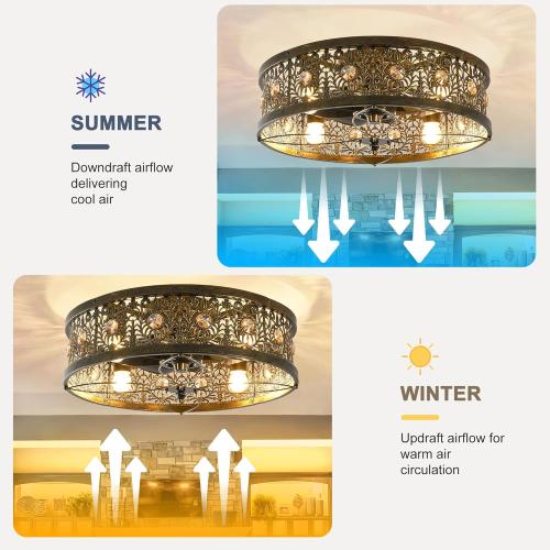 Garwarm 20 Caged Ceiling Fans with Lights, Low Profile Crystal Fandelier