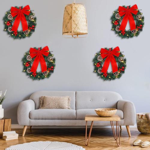4 Pcs Lighted Christmas Wreaths, 12 Inch Pre Lit Small Xmas Wreath with Large Bow, Pine Needle Wreath with LED Lights Battery Operated Xmas Ornaments for Front Door Wall Christmas Party Decor(Red)