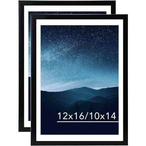 12x16 Picture Frame Set of 2 Black with 10x14 Mat for 30 x 40cm Diamond Art Painting, Display Photo 10x14 with Mat or 12 x 16 Without Mat, Wall Hanging Large Frame, 2 Pack, Black