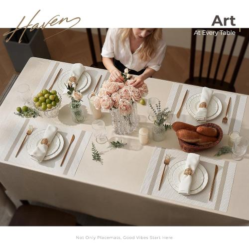 Leetaltree Sparkling White Vinyl Woven Placemats Set of 4 - Washable Dining Table Placemats Striped, Suitable for Wedding, Anniversary, Daily Use - Sparkling Table Decor