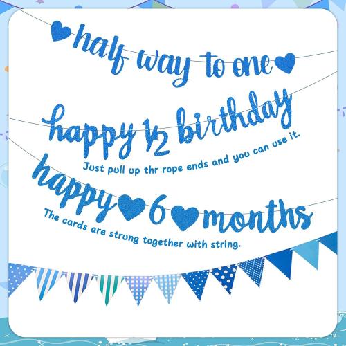 Half Birthday Decorations Banner Supplies - 28 Pcs Blue Happy 1/2 Year Birthday Banner Heart Crown Balloons Pennant Glitter Cake Topper for Baby Boy 6 Months Party Decor