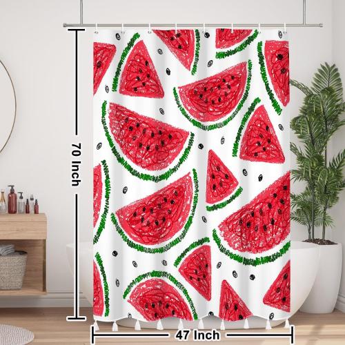 AOFOTO Watermelon Pattern Printed Shower Curtain with White Tassel Cartoon Red Watermelon Summer Theme Shower Curtains for Bathroom Waterproof Fabric Bath Curtain Kid's Bedroom Decoration 47x70 Inches