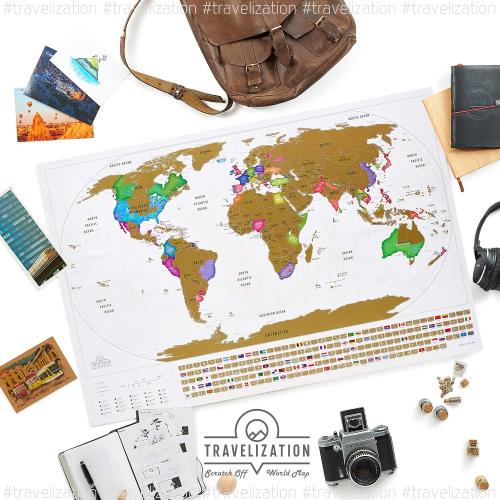 XL Scratch Off World Map with 196 Country Flags 36 x 24 Frameable Travel Map with Vibrant Colors and Premium Gold Coating, Beautiful Visited Places Tracker for Travelers, White