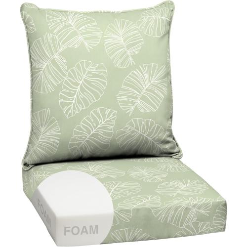 Arden Outdoor Foam Deep Seat Cushion Set, 24 in x 24 in, Weather-Proof, Rain-Proof, Fade Resistant Patio Cushion, Bottom and Back Cushion for Chair, Sofa, and Couch Coastal Green Leaf