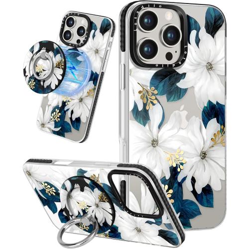 Case for iPhone 16 Pro Case Compatible with Magsafe Ring Holder Stand - for Women Blue Flower Design TPU Phone Cover for Girls Girly Funny Fashion