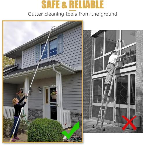 Gutter Cleaning Tools, 16ft (24ft Reach) Gutter Cleaners from The Ground, Gutters Hose Extension Wand with Garden Hose Attachment, Rain Gutters Cleaning Pole