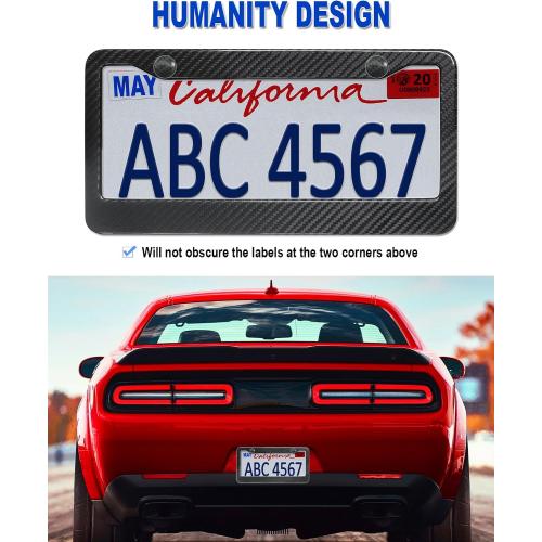 Carbon Fiber License Plate Frame- Stainless Steel Car Tag Holder Wrapped with Real Carbon Fiber, 2 Hole Wide Edge, Anti-Theft Screws Caps, Rattle-Proof Pad, 1 Pack for Front or Rear
