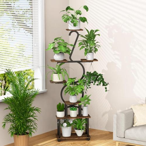 Brown and Black Plant Stand with Grow Lights, 8 Tiered 64 Corner Plant Stand, Metal Plant Shelf Indoor with Wheel, Large Plant Stands, Flower Rack Display for Living Room, Garden, Patio-Thick 1.2MM Steel Frame