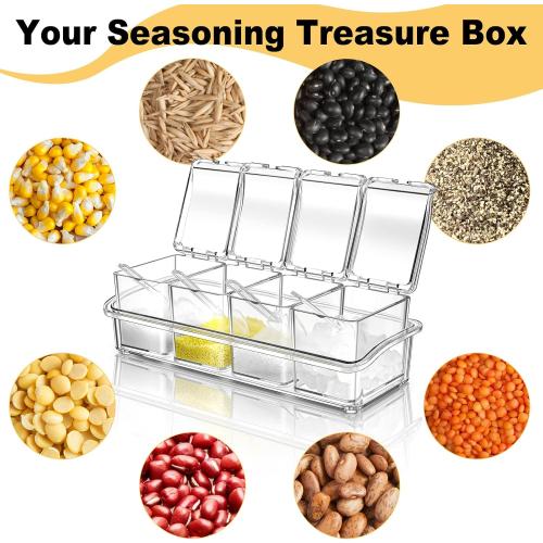 Bokon 4 Set Acrylic Clear Seasoning Box with Spoon, 16 Pcs Kitchen Seasoning Organizer Box Spice Pots Containers Condiment with Lids for Salt Candy Sugar Organizer, 10 x 4 x 3.3 Inch