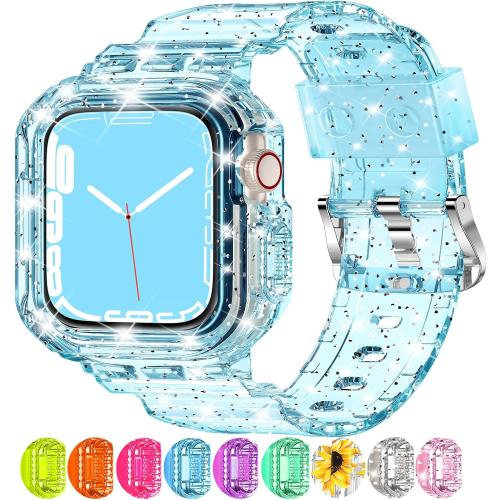 XYF Compatible for Crystal Clear Apple Watch Bands 45/44mm GlitterBlue | Sport Strap & Bumper Case Cover for Men Women, Crystal Clear Jelly, Compatible iWatch Ultra 3 2 Series 11 10 9 8 7 SE 6 5 4 3