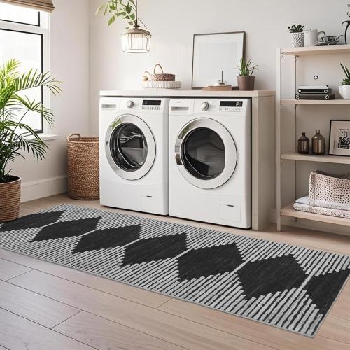 Size 2x6 Color Grey Hallway Runner Rug，2x6 Moroccan Modern Stripe Carpet Washable Machine Bathroom Runner Bohemian Design Modern Soft Non Slip Indoor Rug for Entryway Hallway Laundry Room Bedroom-Black