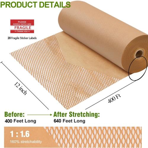 Honeycomb Packing Paper, 12 x 400' Honeycomb Cushioning Wrap Roll for Moving Shipping Packaging Gifts, Recyclable Honeycomb Paper Bubble Paper Wrapping with 20 Fragile Sticker Labels