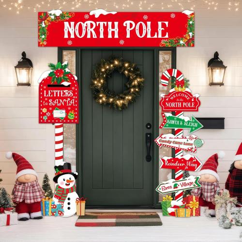 3 Pcs Christmas North Pole Door Decorations North Pole Directional Sign Porch Banners Christmas Mailbox Letter to Santa Porch Signs Hanging Backdrop for Winter Xmas Holiday Home Wall Party Decor