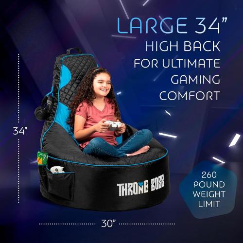 New only open for inspection Throne Boss Gaming Bean Bag Chair for Kids with High Back – Floor Gaming Chair, Easy to Clean Oxford 420D Fabric, Large Side Pockets, Headphone Hanger – Cover ONLY Add 200 Liters Beans (Blue)