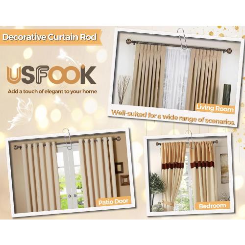 Bronze Curtain Rods for Windows 48 to 84 Inch, USFOOK 7/8 Inch Telescoping Splicing Curtain Rod, Decoration Drapery Rods with Leaf Finials