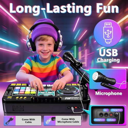 OZMI Kids DJ Music Mixer Table Board Set Toy with Microphone, Lights – Interactive Musical Toys for Ages 3-12 | 100  Sounds, Piano Keys, Disco Mode, Rechargeable for Kids Boys & Girls
