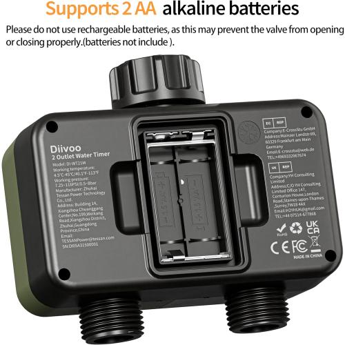 Diivoo Sprinkler Timer 2 Zone, Programmable Water Hose Timer 2 Outlet for Garden, Outdoor Automatic Irrigation System IPX5 Waterproof with Rain Delay/Manual for Lawn, Yard, Pool