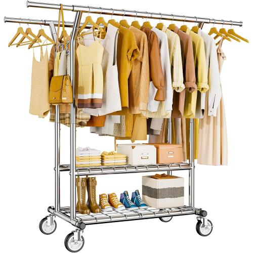 Heavy Duty Clothes Rack, Rolling Clothing Rack With Shelves Load 620 LBS, Double Rod Clothing Racks for Hanging Clothes, Portable& Adjustable Clothes Rack with Wheels Garment Rack