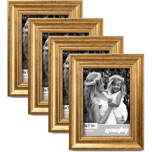 Yaetm 5x7 Gold Picture Frame Set of 4, 1.4” Wide Molding & Rustic Gold Photo Frames 5 x 7 with HD Tempered Glass, Display on Tabletop & Wall Mounting, 4 Pack
