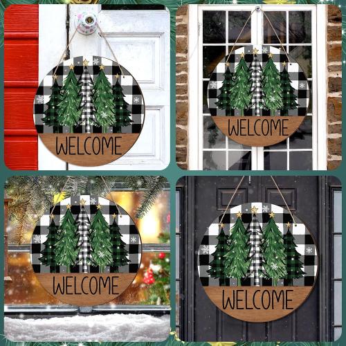 Christmas Welcome Door Sign Decoration Rustic Xmas Tree Winter Wonderland Wreath Black White Buffalo Plaid Hanging Sign Farmhouse Xmas Winter Decor for Front Porch Door Wall Window 2 pk