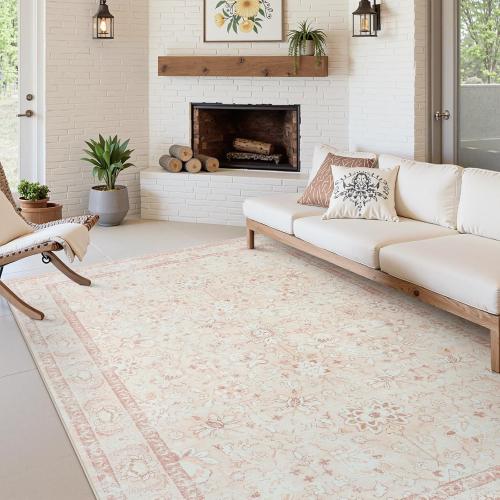 LIVEBOX Washable Rug 6x9 for Living Room, Soft Boho Pink Rugs for Bedroom, Non-Slip Vintage Floral Rug, Ultra-Thin Non-Shedding Large Carpet for Dining Room, Nursery, Home Office, Light Pink