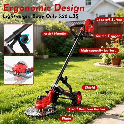 3-in-1 Electric Weed Wacker Cordless, 12″ Brushless Weed Eater Battery Powered with Wheel, 20000 RPM Grass Trimmer/Brush Cutter/String Trimmer, Lawn Mower Edger Weed Trimmer, 6000mAhjong Batteries‼️incomplete‼️