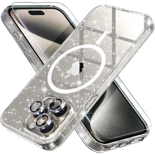 Choiche for iPhone 15 Pro Max Case Magnetic, Women Clear Glitter Bling Sparkly Case, [3xDiamond Camera Lens Protectors] [2xTempered Glass Screen Protectors] [Compatible MagSafe] (Glitter Clear)