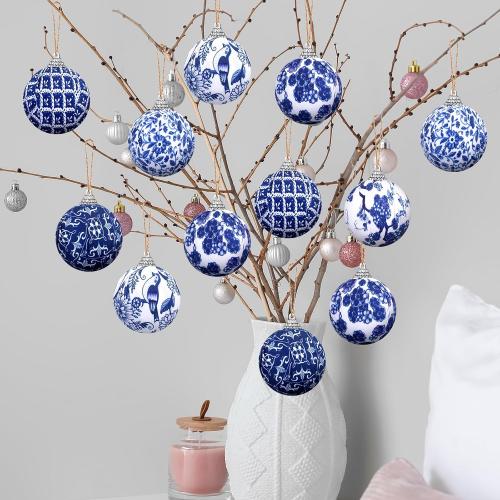 Preboun 12 Pcs Christmas Chinoiserie Ball Ornaments Blue and White Chinoiserie Tree Decoration Christmas Tree Hanging Ornaments Fabric Wrapped Home Xmas Decor for Modern Party (Blue,2.76 Inch)
