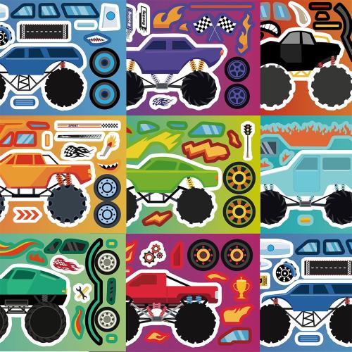 24 Sheets DIY Make a Face Monster Truck Stickers for Teens, Make Your Own Mixed & Matched with 8 Designed Characters(3 of Each) Sticker for Birthday Party Supplies Favors Class Reward (Monster Truck)