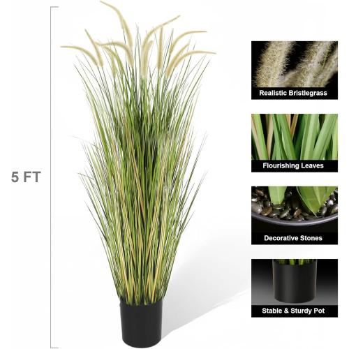 KOL Artificial 5ft 2-Pack Horsetail Reed Grass, 59in Tall Artificial Indoor Outdoor Fake Grass Plant, Home Office Decorative Artificial Plants in Pot Faux Plant Greenery, Wedding Decor