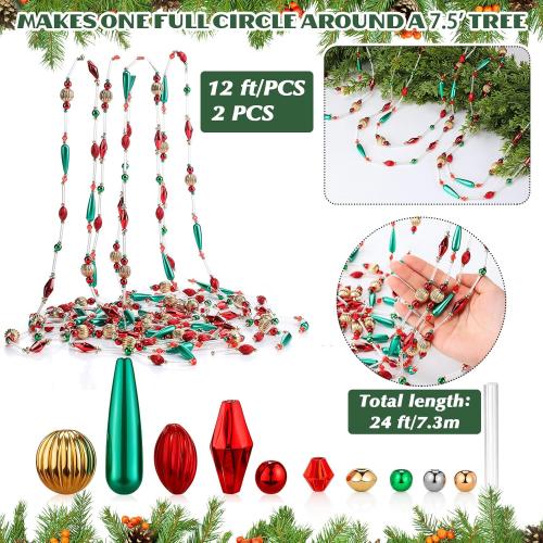 24 Feet Exquisite Christmas Tree Decor Acrylic Beads Xmas Tree Garland Multicolor Glitter Hanging Bead Decorations Garland for Trees Indoor Outdoor Home Decor Use(Christmas Classics)