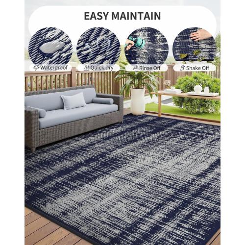 MontVoo Outdoor Rug Waterproof 8x10 ft Outdoor Carpet Patio Rug Mat Reversible RV Camping Rug Plastic Straw Outside Rug for Balcony Porch Deck Picnic Beach Modern Navy