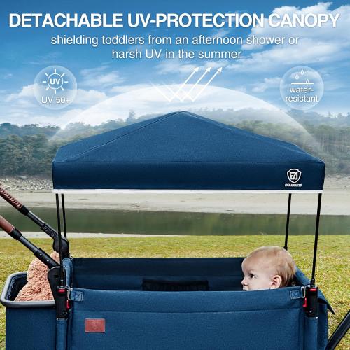 Side-Unzip Wagon Stroller for 2 Kids, Push Pull Stroller with Adjustable Handle, Easy Access Zipper Door, 5-Point Harness Removable UV-Protection Canopy Shock-Absorbing Wheels, Blue