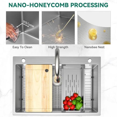 YITAHOME Drop In Kitchen Sink Workstation with Pull-down Faucet, 304 Stainless Steel Single Bowl Top Mount Sink w/Ledge & Accessories, Honeycomb Surface Design, 33 x 22 x 10 in, Silver
