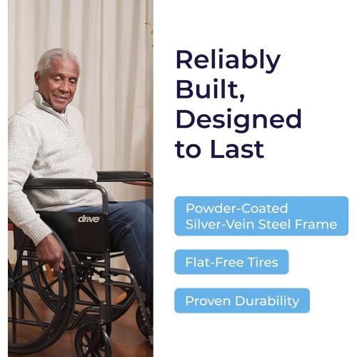 Drive Medical Silver Sport 1 Folding Transport Wheelchair - Lightweight Mobility Support - Full Armrests - Removable Swing-Away Footrests - Durable Steel Construction - Compact Folding Frame - Black