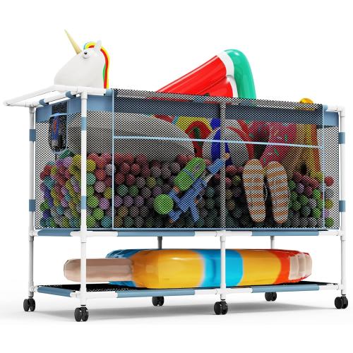 300 Gallon Double Decker Extra Large Pool Storage Bin, Mesh Pool Float Storage with Durable Frame & 6 Wheels, Heavy Duty Outdoor Pool Organizer for Swimming Equipments, Toys, Noodles, Balls