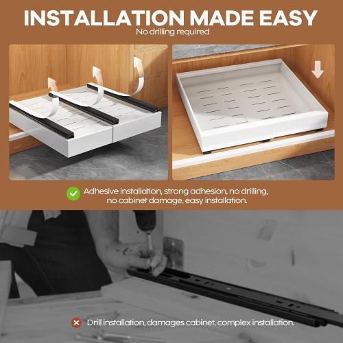 2Pack Expandable Pull Out Cabinet Organizer 21Deep With Raising Pad for Framed Cabinets, Upgrade 3 Slide Rails Slide Out Drawers, Roll Out Shelves Adhesive,Adjustable Width 12.05-20.4White