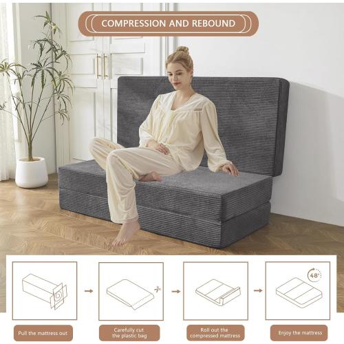 BYBYME Corduroy Tri-Folding Mattress, 6 Inch Gel Folding Mattress Topper, Foldable Soft Guest Bed Camping Pad, Washable Cover (Dark Gray, Full)