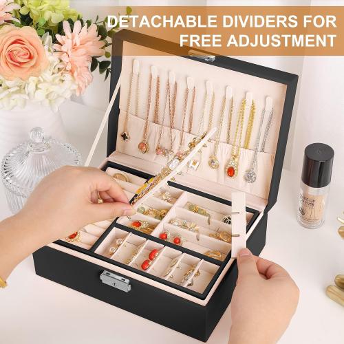 Jewelry Boxes for Women Girls 2 Layers leather Jewelry Organizer Case with Lock Storage Box Removable Tray for Necklace Earring Ring with Polishing Cloth and Jewelry Bags
