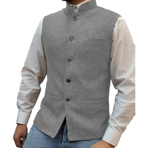 Tuikayoo Mens Herringbone Wool Vests Suit Business Tweed High Collar Waistcoats Slim Fit Size large
